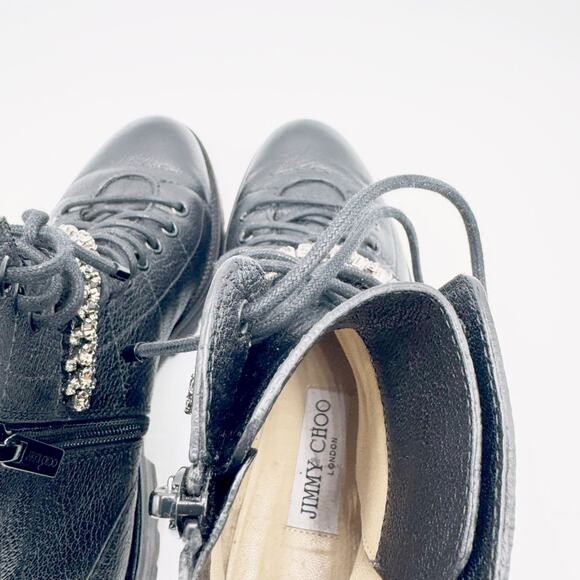 JIMMY CHOO Cruz Flat Black Grainy Leather Combat Boots with Crystal Detail - Picture 12 of 16